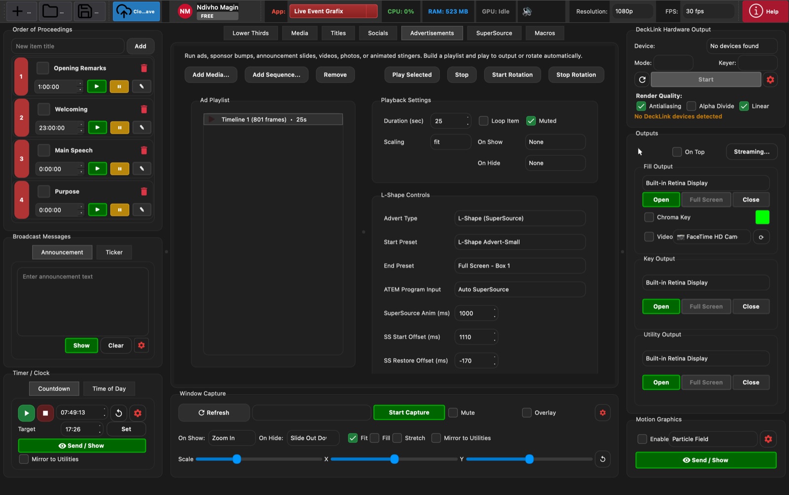 Live Event Grafix Advertisements tab with ad playlist, rotation controls, and L-shape SuperSource settings