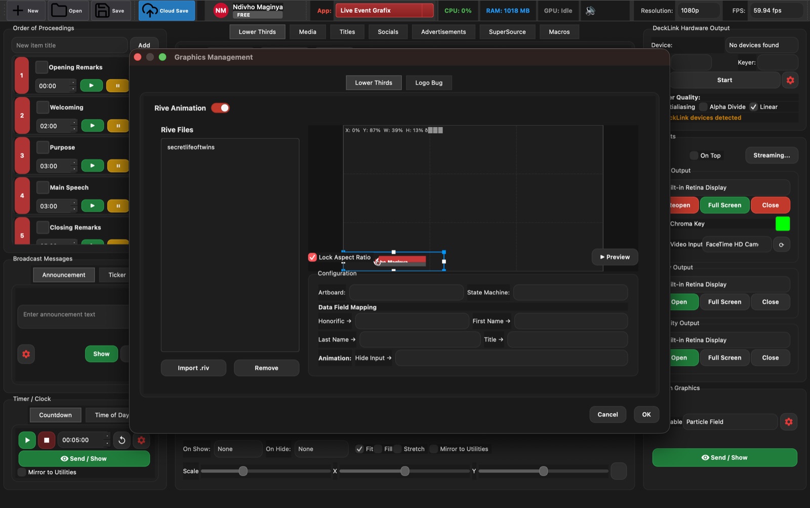 Live Event Grafix graphics management window with Rive lower-third configuration and field mapping