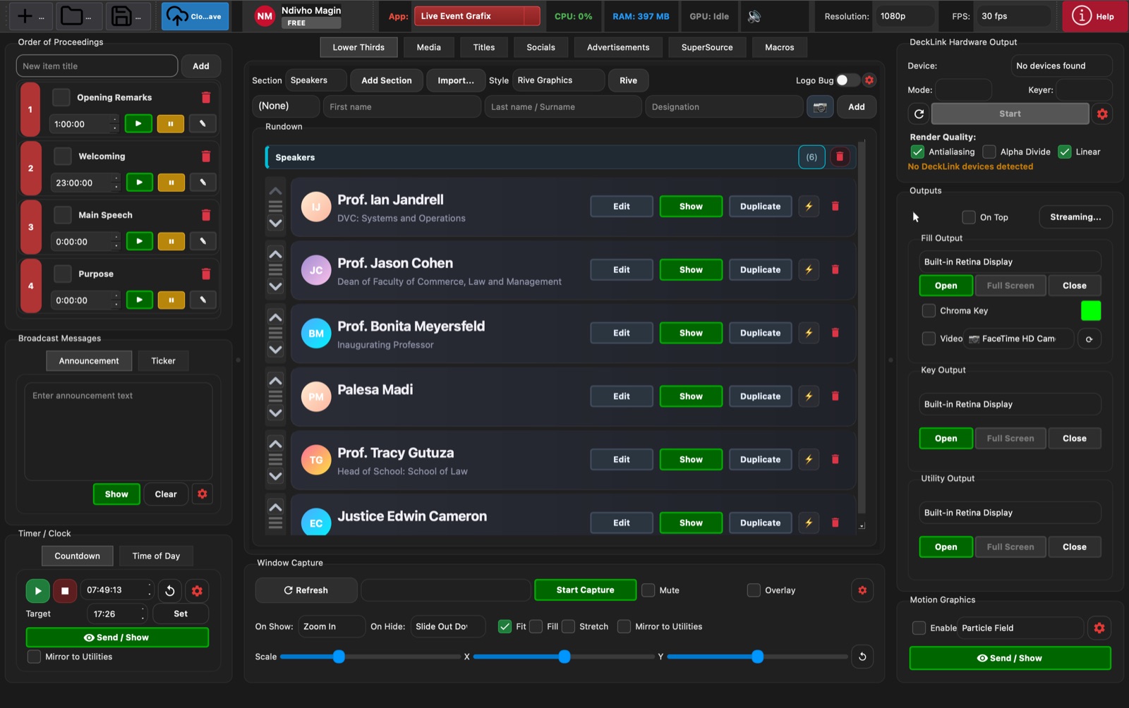 Live Event Grafix 1.0.12 main control surface with rundown, lower thirds, output controls, and timers