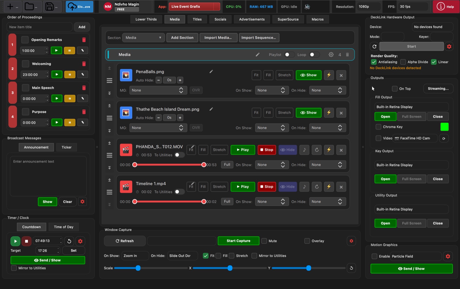 Live Event Grafix Media tab with image and video playlist controls, scaling, transitions, and show buttons