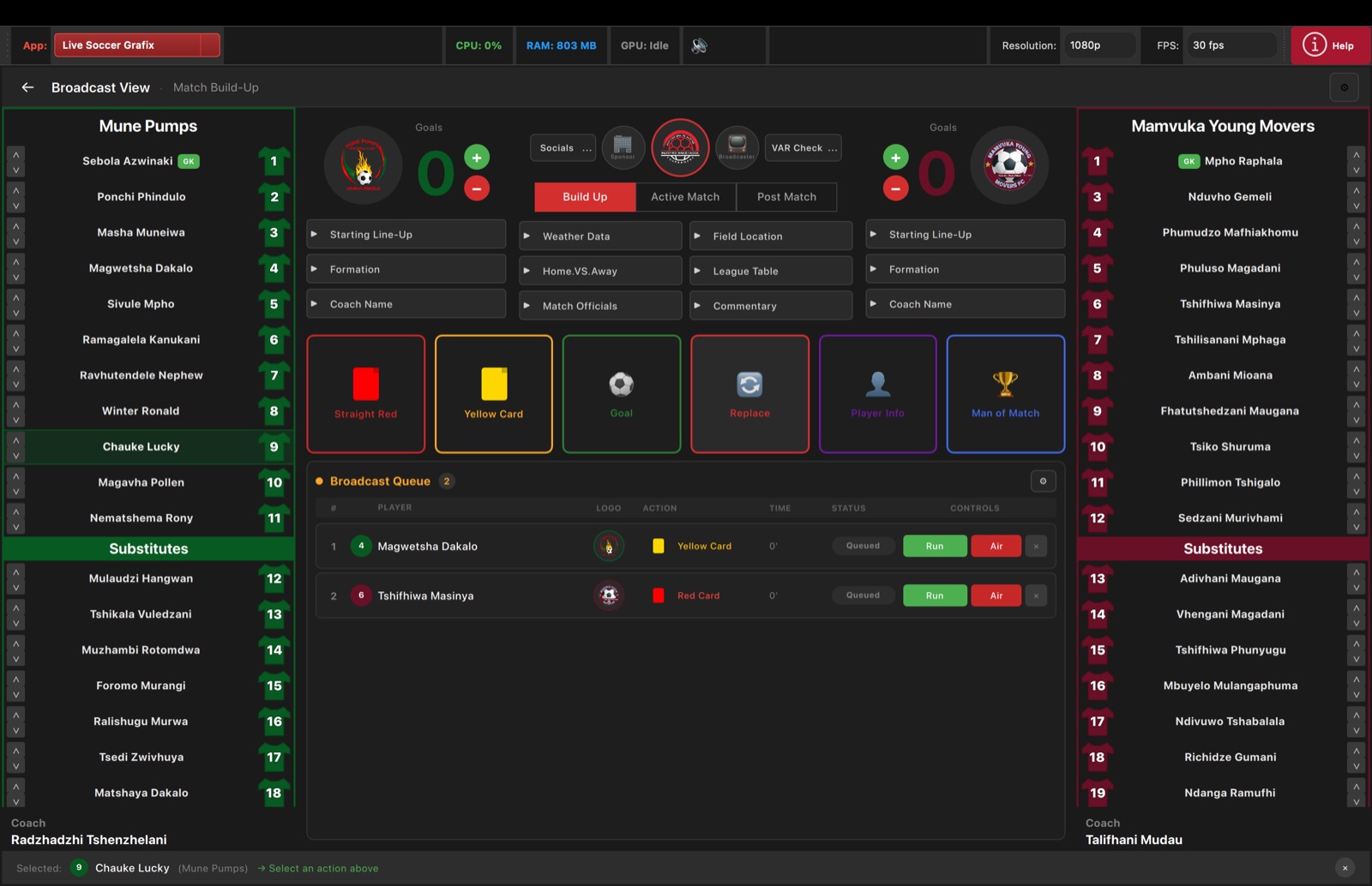 Live Soccer Grafix Broadcast View inside Live Event Grafix showing build-up graphics, player lists, scores, and broadcast queue