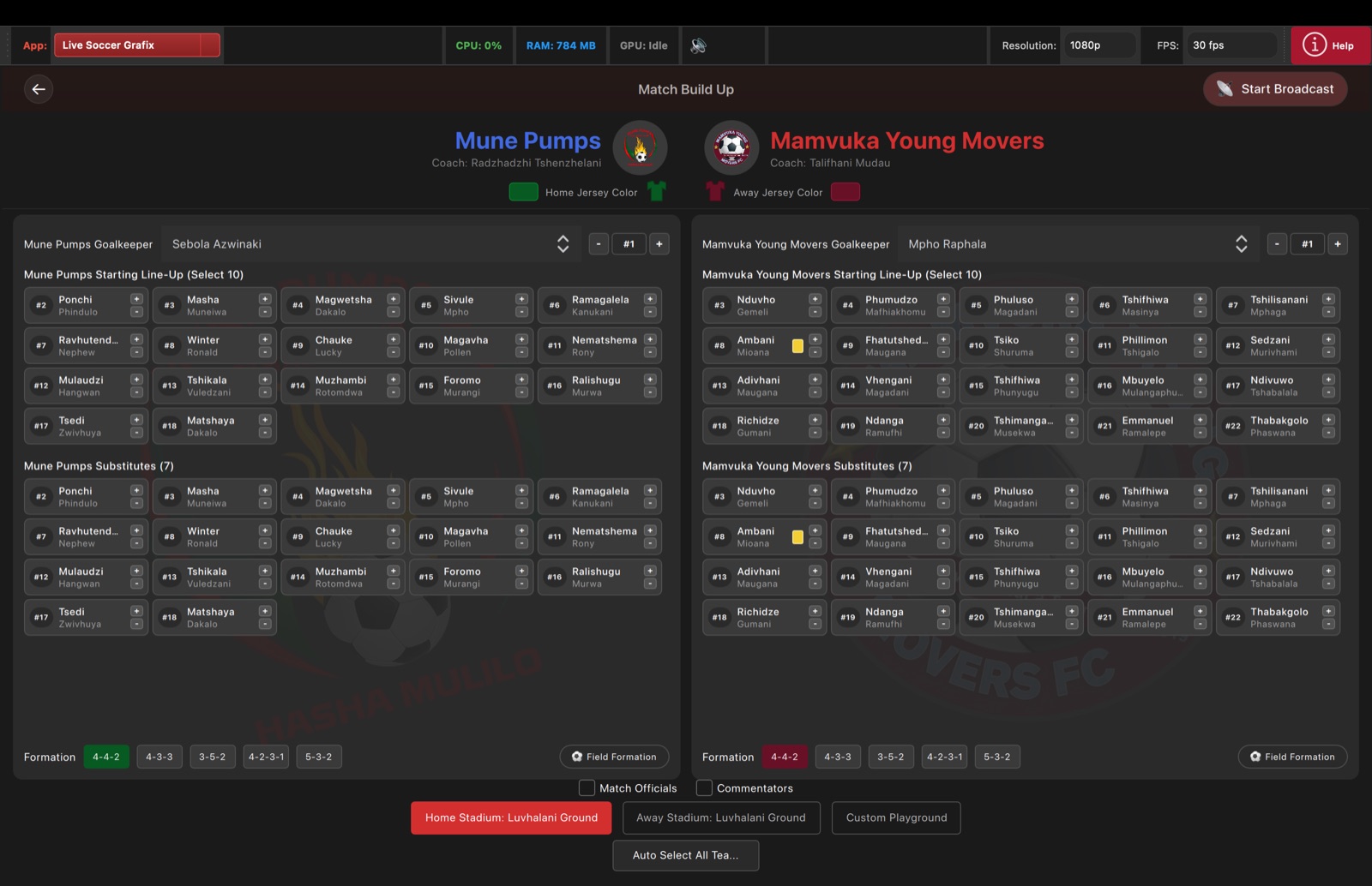 Live Soccer Grafix Match Build-Up view inside Live Event Grafix with two teams, lineups, substitutes, formations, jersey colours, and Start Broadcast button