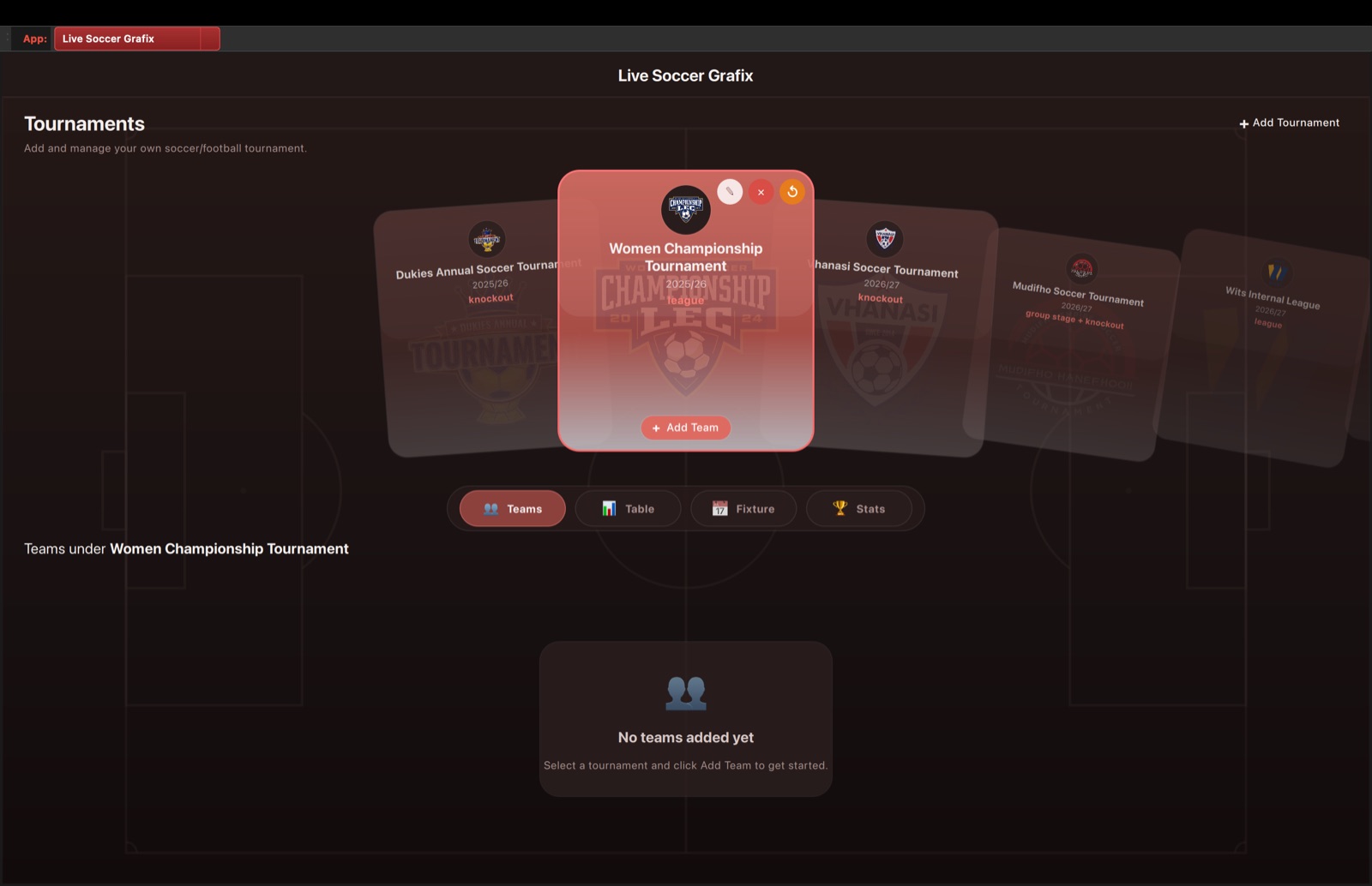 Live Soccer Grafix module inside Live Event Grafix showing tournament carousel, teams, table, fixtures, and stats navigation