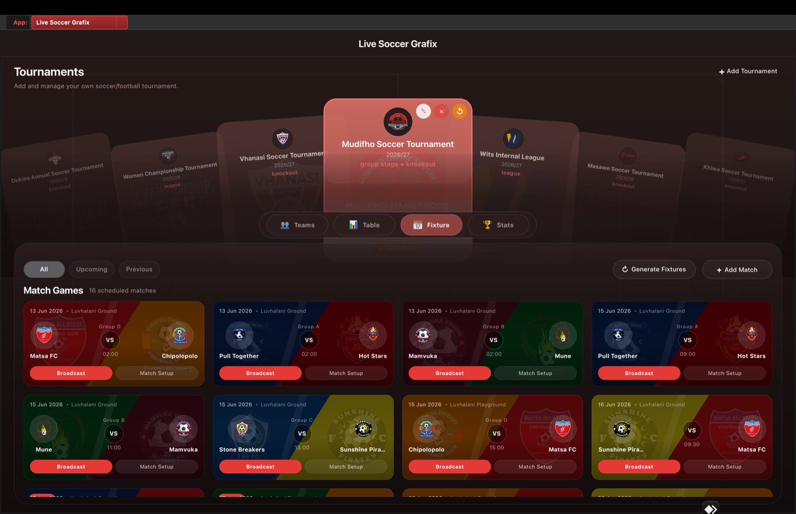 Live Soccer Grafix module inside Live Event Grafix with tournament fixture cards and match broadcast controls