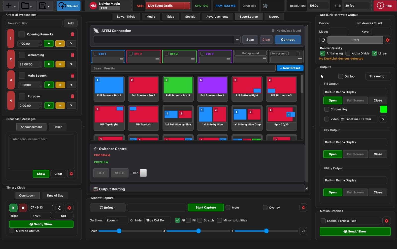 Live Event Grafix SuperSource tab with ATEM connection, box controls, presets, and output routing
